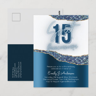 Glamor Blue Silver Foil Glitter Quinceanera 15th Briefkaart