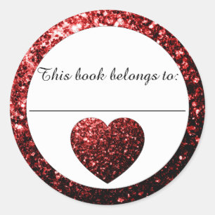 Glamor Red sparkles Heart Bookplate Sticker