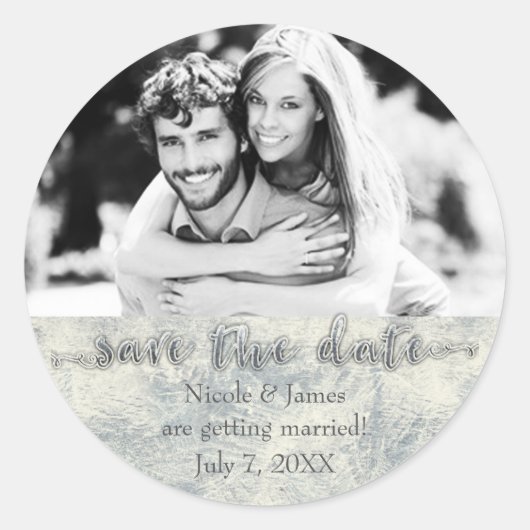 Glamor Silver White Winter Save the Date Photo Ronde Sticker (Voorkant)