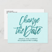 Glamorou Aqua glitterscript wijzigingsdatum Aankondigingskaart (Voorkant / Achterkant)