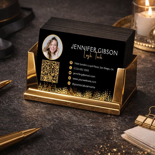 Glamorous Black & Gold Lash Tech QR Code Visitekaartje