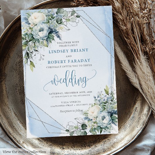 Glamorous Dusty Blue White Silver Peonies Wedding Kaart