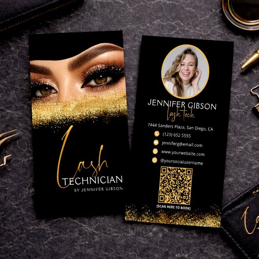Glamorous Gold & Black Lash Tech QR Code  Visitekaartje