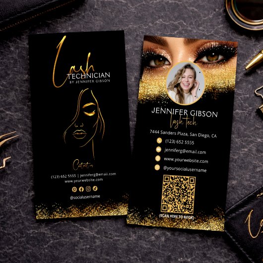 Glamorous Gold & Black Lash Tech QR Code  Visitekaartje