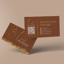 Glamorous Gold & Brown Lash Tech QR Code  Visitekaartje