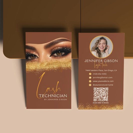Glamorous Gold & Brown Lash Tech QR Code  Visitekaartje