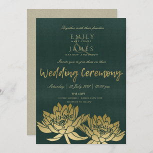 GLAMOROUS GOLD DARK GREEN LOTUS FLORAL WEDING KAART