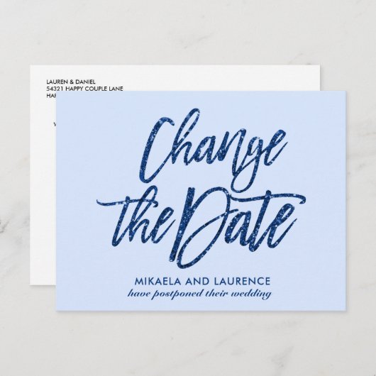 Glamorous Navy Blue glitter script de datum wijzig Aankondigingskaart (Voorkant / Achterkant)