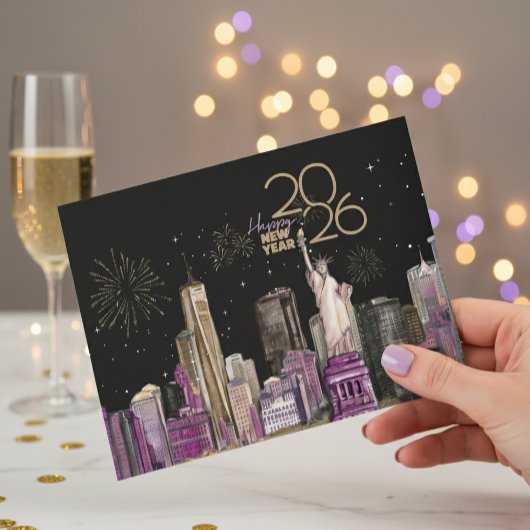 Glamorous NYC New Year Card 2026 | Black & Purple Feestdagen Kaart
