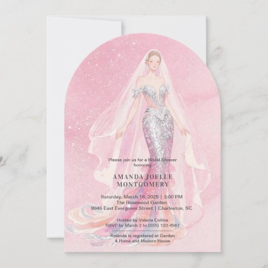 Glamorous Pink Glitter Mermaid Style Bride Dressed Kaart (Voorkant)