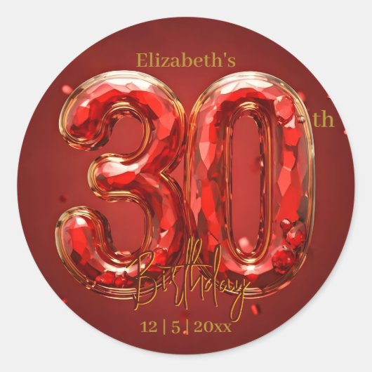 Glamorous Ruby and Gold Gemstone 30th Birthday Ronde Sticker (Voorkant)
