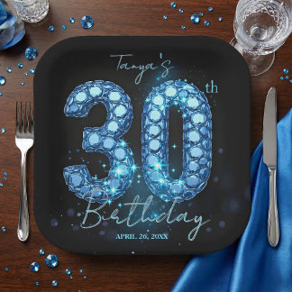 Glamorous Sapphire Blue Jewel Mosaic 30th Birthday Papieren Bordje