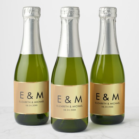 Glamorous Save the Date Gold Text Monogram Sparkling Wijnetiket (Flessen)