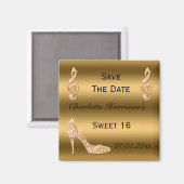 Glamorous Sweet 16 Save The Date Gold Stiletto Magneet (Voorkant / Achterkant)