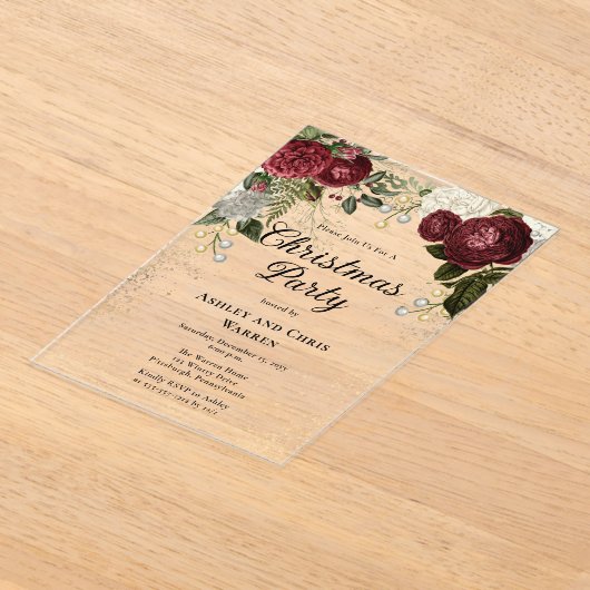 Glamour Burgundy Roos Bloem Kerstfeest Acryl Uitnodigingen (Laagn)