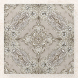 glamour crème beige rhinestone floral line glazen onderzetter