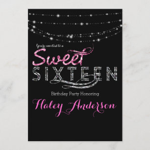 Glamour Glitter Lights SWEET 16 Feest Roze Zwart Kaart