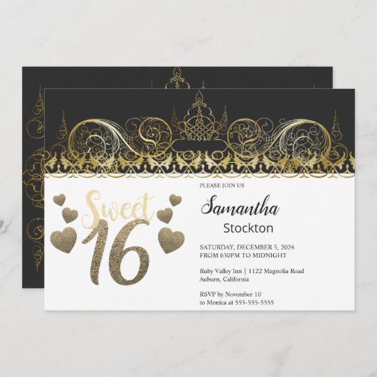 Glamour Gold Sweet 16 Invitation (Devant / Derrière)