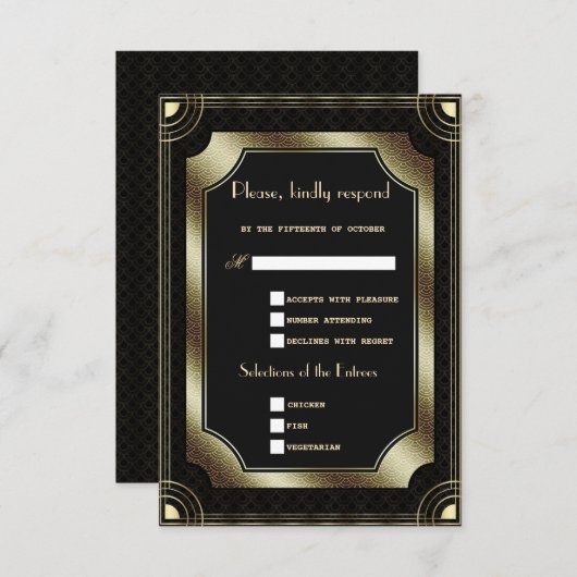 Glamour Goud Zwart Groot Art Deco Bruiloft RSVP Kaartje (Voorkant / Achterkant)