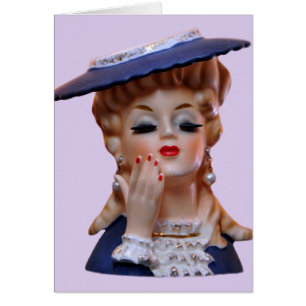 Glamour Lady Head Vase Fancy Blue Casquette Card