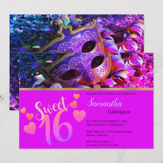 Glamour Masquerade Sweet 16 Invitation (Devant / Derrière)