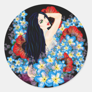Glamour Model in Poppy flower bed, ART/LeahG Ronde Sticker