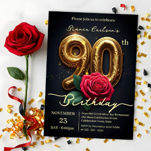 Glamour Red Rose Gold Nummer 90e Verjaardag Kaart