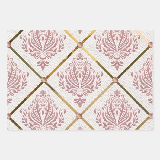 Glamour Roos Mauve Damask op wit linnen Inpakpapier Vel (Voorkant)