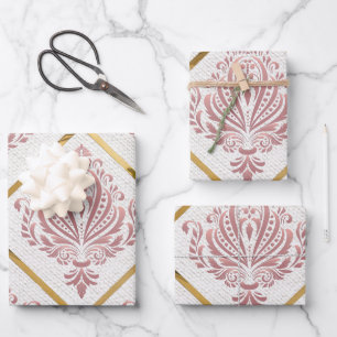 Glamour Roos Mauve Damask op wit linnen Inpakpapier Vel