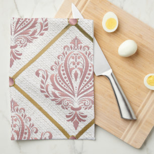  Glamour Roos Mauve Damask op wit linnen Theedoek