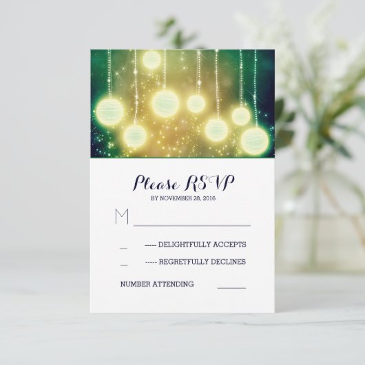 glamour string licht lantaarns bruiloft RSVP kaart (Staand voorkant)