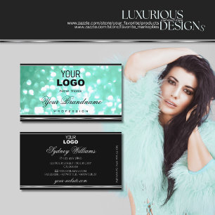 Glamour Teal Glitter Chic Zwarte Zilveren Rand Log Visitekaartje