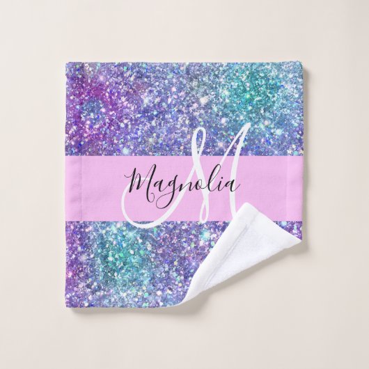Glamour Violet, Bleu & Vert Paillettes Monogramme (Gant de toilette)