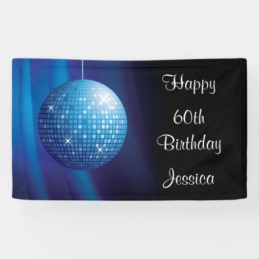 Glamoureus 60th Birthday Blue Party Disco Ball Spandoek (Horizontaal)