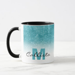 Glamoureus Aqua Blue Glitter Sequin Ombre Monogram Mok