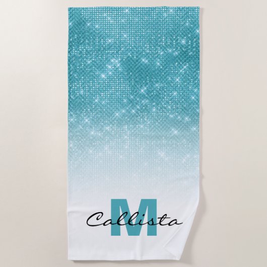 Glamoureus Aqua Blue Glitter Sequin Ombre Monogram Strandlaken (Voorkant)