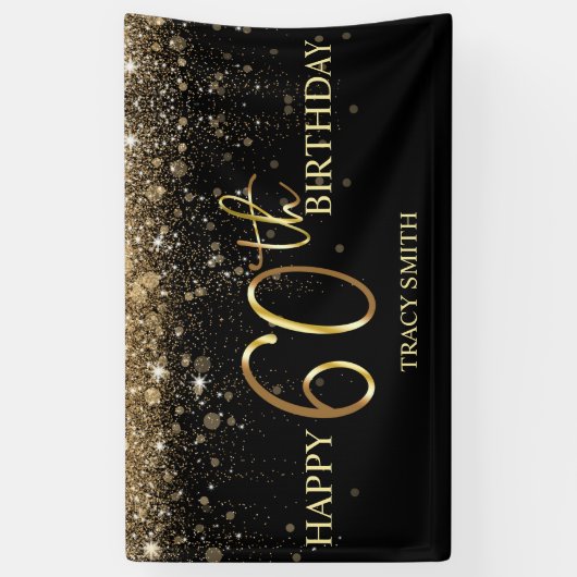 Glamoureus Black Gold Glitter 60th Birthday Spandoek (Verticaal)