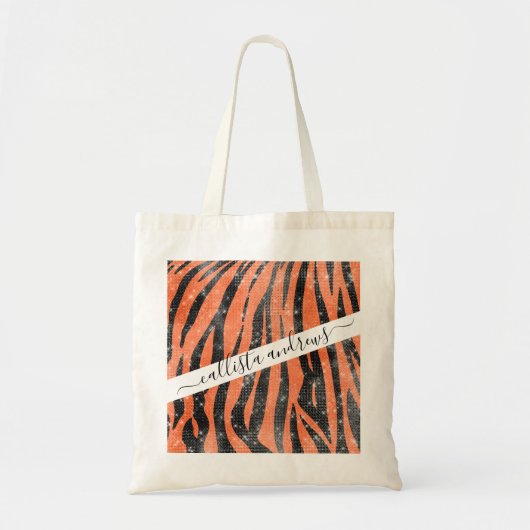 Glamoureus Black Oranje Glitter Animal Tiger Strip Tote Bag (Voorkant)