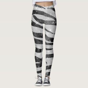 Glamoureus Black White Sparkly Glitter Zebra Strip Leggings