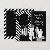 Glamoureus Black White Stripe Birthday Party Kaart (Voorkant / Achterkant)