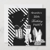 Glamoureus Black White Stripe Birthday Party Kaart (Voorkant)