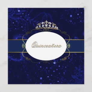 Glamoureus Blue en Gold Quinceañera Uitnodiging