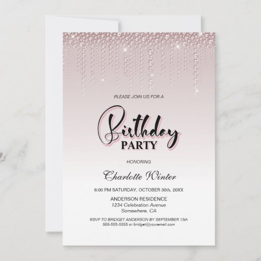 Glamoureus Dusty Roos Pink Diamonds Partij Kaart (Voorkant)