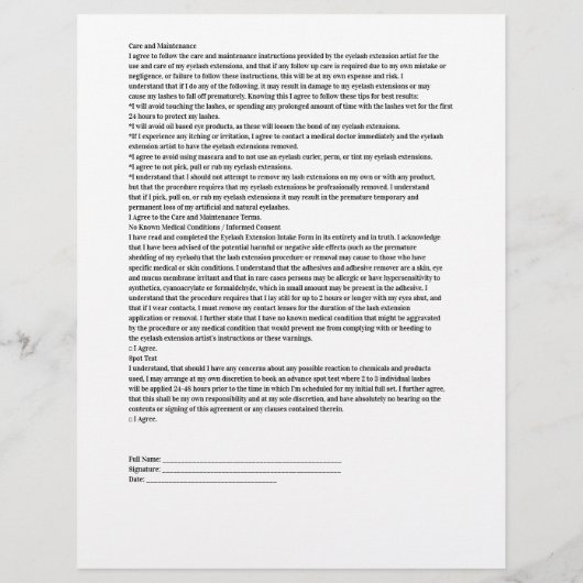 Glamoureus EYELASH EXTENSION Liability Waiver Form Flyer (Achterkant)