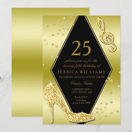 Glamoureus Glitzy Gold 25th Birthday Kaart (Voorkant / Achterkant)