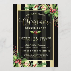 Glamoureus Gold & Black Stripe Holiday Party Invit Kaart