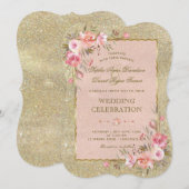 Glamoureus Gold Glitter Blush Floral Wedding Kaart (Voorkant / Achterkant)