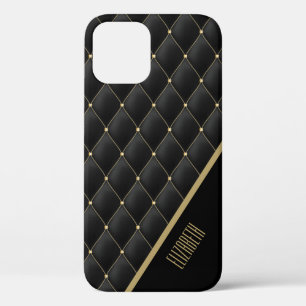 Glamoureus Gold Quilted Black Pattern, speciaal ge iPhone 12 Hoesje