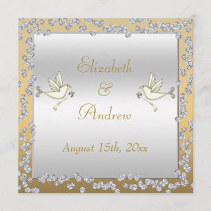 Glamoureus Gold & Silver Diamonds & Doves Wedding Kaart