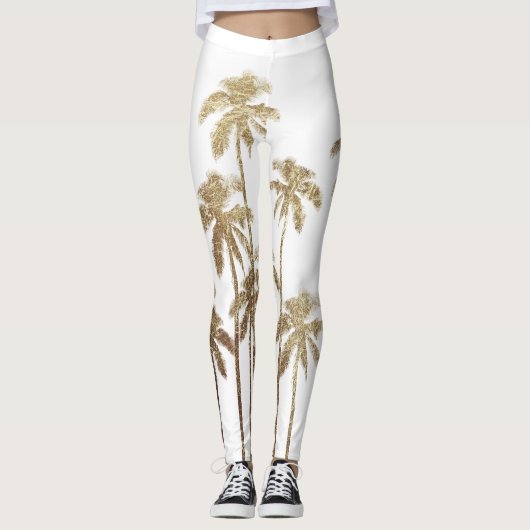 Glamoureus Gold Tropical Palm Trees op wit Leggings (Voorkant)